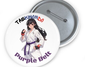 Girls Anime Purple Belt Taekwondo Badge, Belts for Taekwondo in Order Badges, 1.25" 2.25" 3" Taekwondo Pinback Buttons, Kids Martial Arts