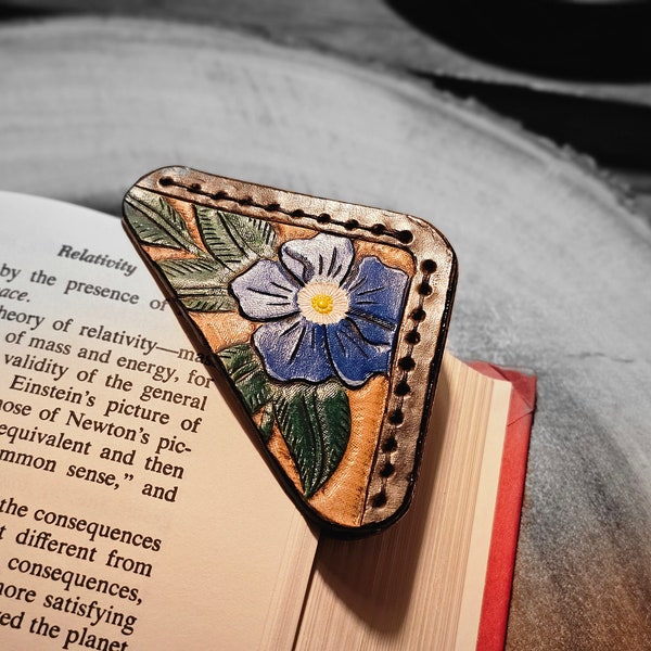 Handmade leather dog-ear bookmark, hand-tooled and painted blue flower, hand-sewn bookmark, Unique quality leather flower bookmark