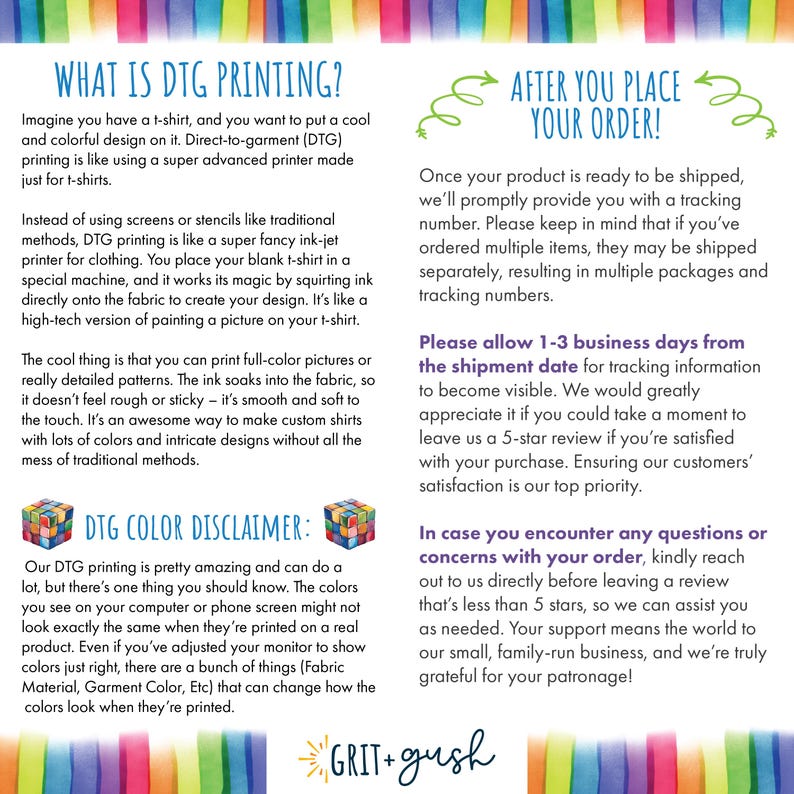 May include: A colorful graphic explaining the process of direct-to-garment (DTG) printing, a method of printing designs directly onto t-shirts. The graphic also includes information about shipping times, customer service, and a disclaimer about color variations.