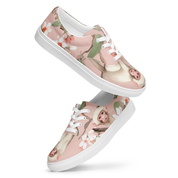 Monkies blancs sur roses Chaussures à lacets en toile pour femme