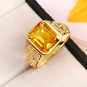 Men's Citrine Signet Ring, 18K Gold Plated 925 Sterling Silver Ring, November Birthstone Gift
