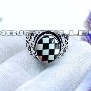 Opal & Black Onyx Checkerboard Ring: Sterling Silver Handmade Band