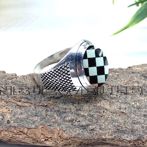 Checkered Black Onyx & Opal Sterling Silver Ring: Handmade Gemstone