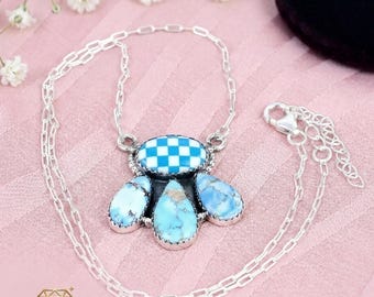 Colar com pingente de opala xadrez e turquesa Mohave em prata de lei 925, presente boho com pedras preciosas.