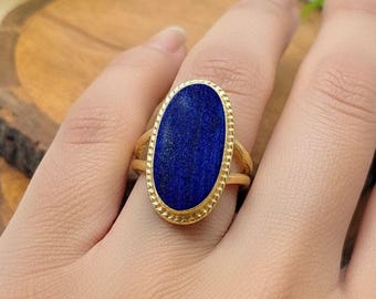 Lapis Lazuli 18K Gold Plated Sterling Silver Ring – Handmade Blue Stone Jewelry