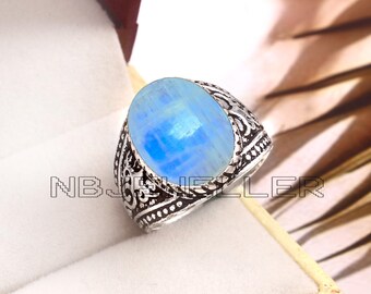 Rainbow Moonstone Ring, Solid Sterling Silver, Handmade Mens Jewelry