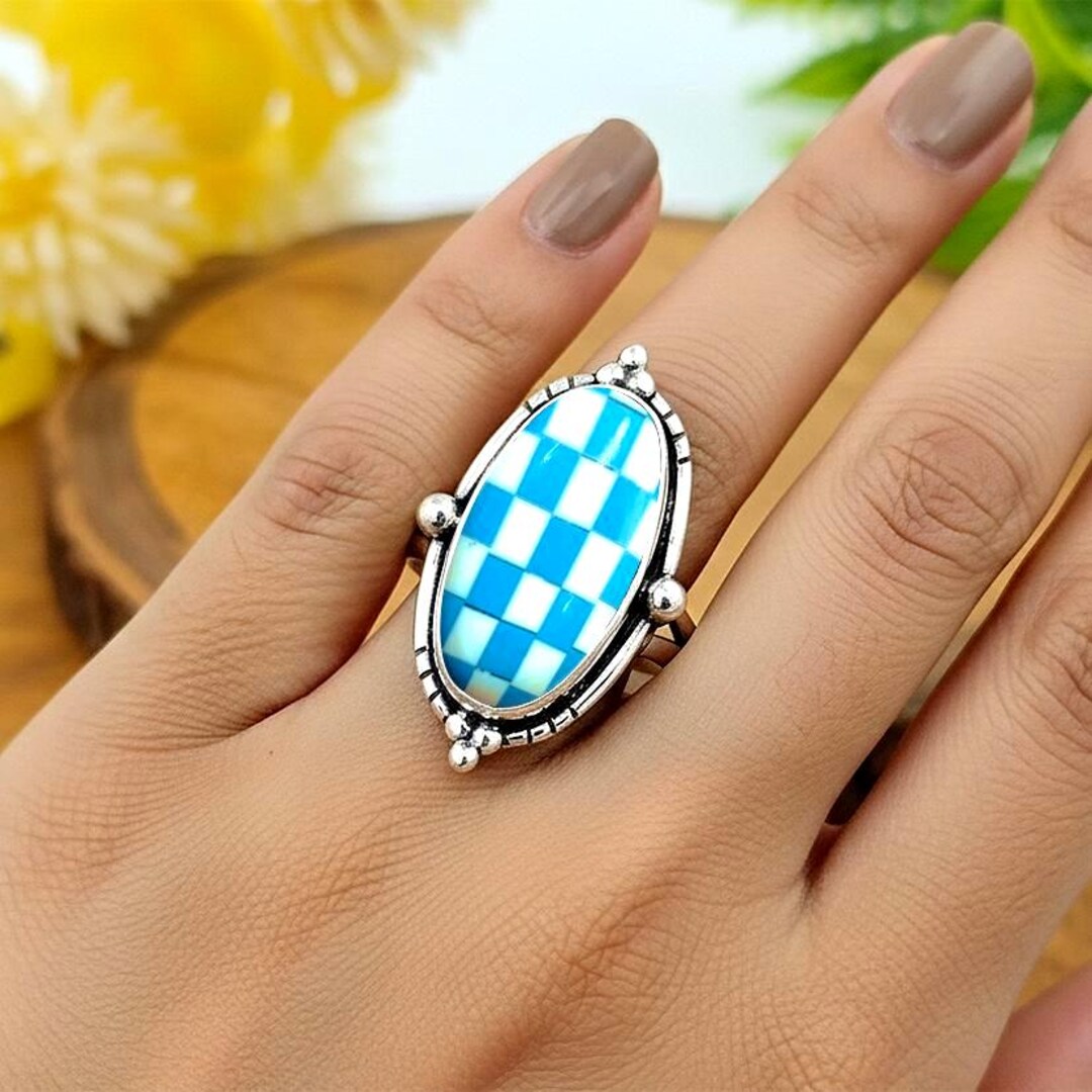 White Opal Turquoise Ring – 925 Sterling Silver Handmade Oval