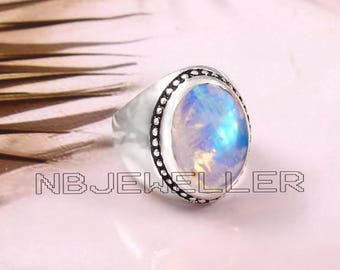 Rainbow Moonstone Sterling Silver Ring, Handmade Designer Band