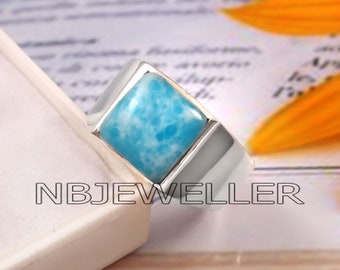 Men's Sterling Silver Larimar Ring, Square Blue Gemstone Statement Jewelry