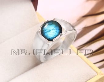 925 Sterling Silver Labradorite Men's Ring – Natural Oval Gemstone, Handmade, All Sizes