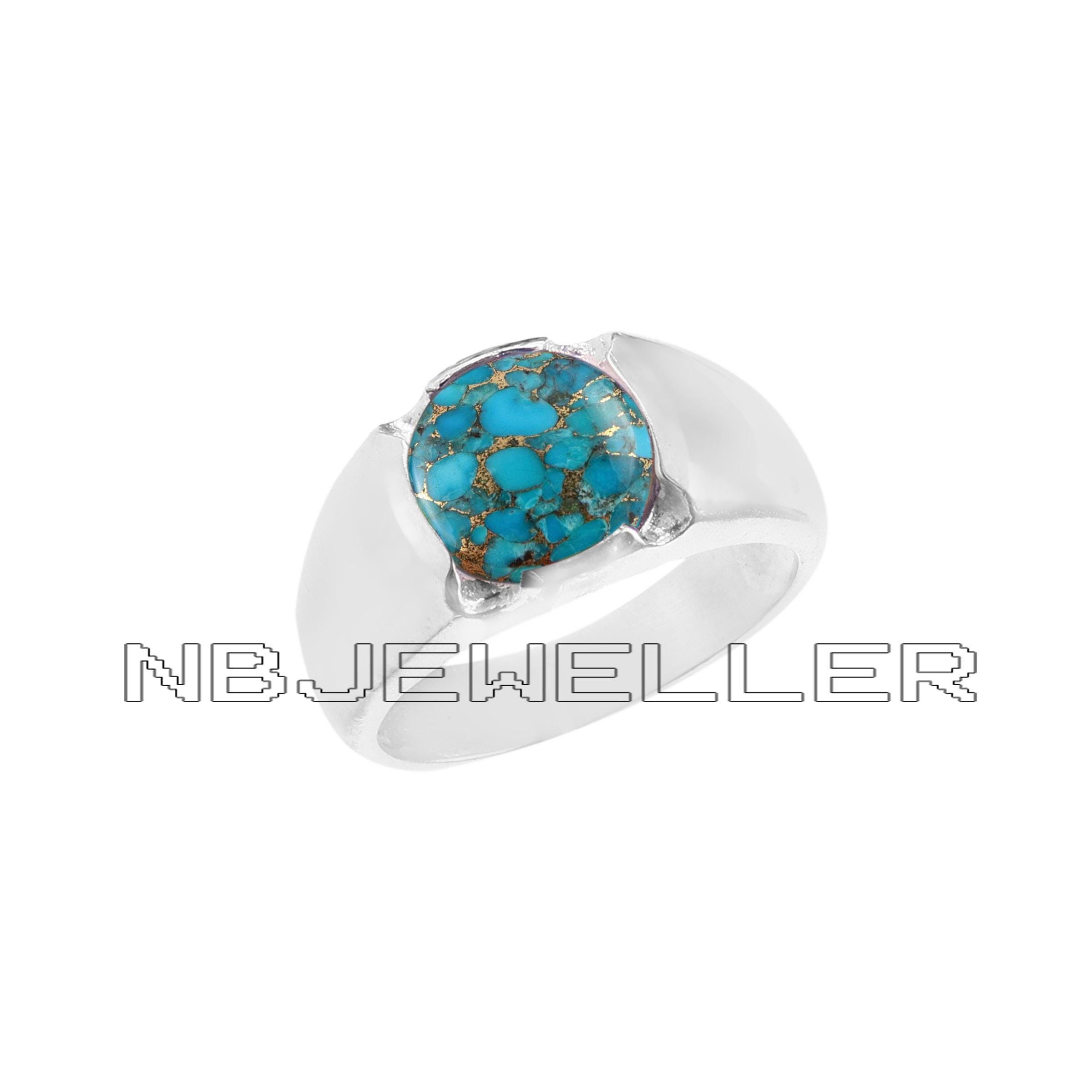 Copper Turquoise Men's Ring – 925 Sterling Silver Handmade Boho Cocktail Ring