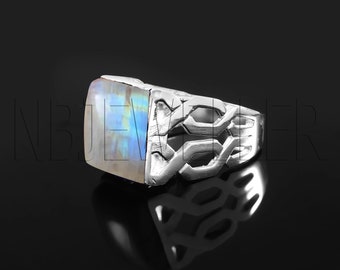 Handmade Sterling Silver Rainbow Moonstone Men's Ring