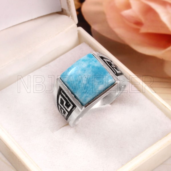 Bague pour homme en larimar naturel, bague en argent sterling 925 massif, bague faite main, bague en pierres précieuses, bague tendance, bague pour homme en larimar, cadeau pour lui