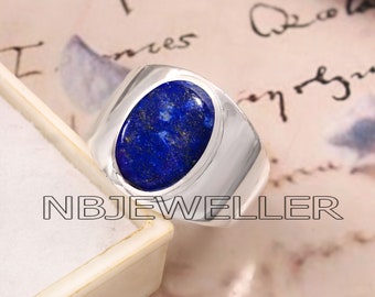 Handmade Lapis Lazuli Mens Ring: 925 Sterling Silver, Oval Stone