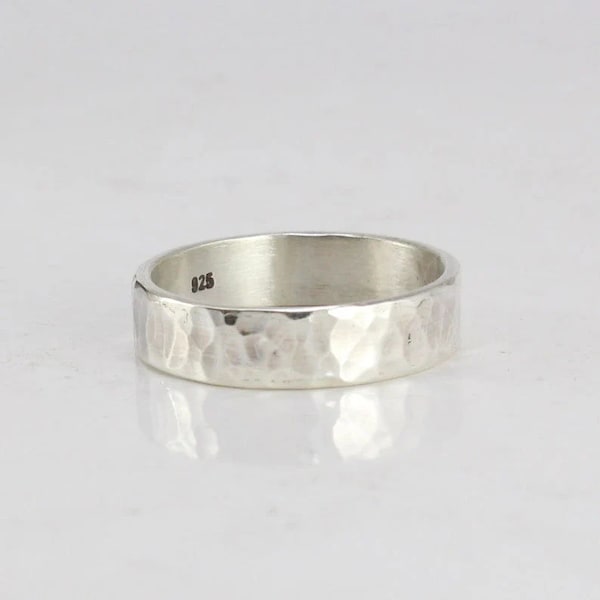 Hammered 925 Sterling Silver Ring - Rustic Wedding Band (5mm) Handmade Ring,