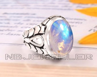 Rainbow Moonstone Sterling Silver Men's Ring, Handmade Jewelry