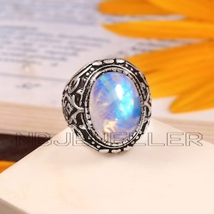 Handmade Oval Rainbow Moonstone Ring: 925 Sterling Silver Statement Jewelry