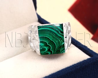 Malachite Mens Ring, 925 Sterling Silver Square Stone Signet, Handmade Jewelry Gift