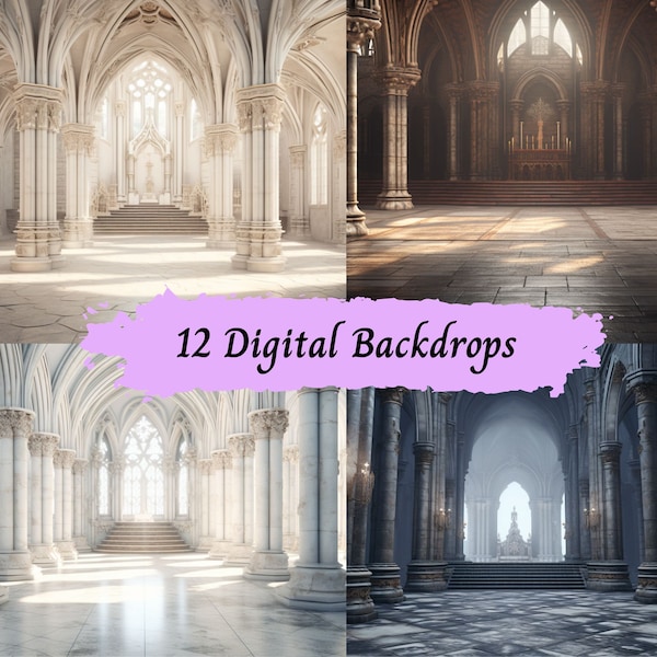 Gothic Cathedral Halls Digital Backdrops for Photographers & Creatives | Wedding Maternity Overlays | Commercial License | Studio Background