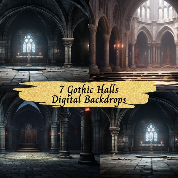 Set of 7 Gothic Arches Hallway Digital Backdrops | Mysterious and Majestic High-Resolution Backgrounds for Photographers and Creatives