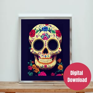 Printable Wall Art, Sugar Skull, Day of the Dead Digital Artwork, Día de Muertos, Instant Download, Halloween Decoration, Gothic Home decor