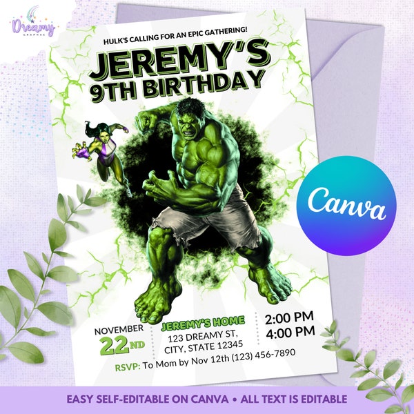 Invitation Hulk, Modèle modifiable Avengers Party, Super-héros Marvel, Invitation de super-héros pour l’anniversaire des garçons, Modèle numérique pour enfants, Inviter