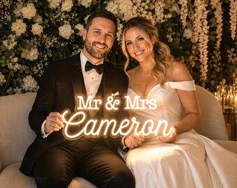 Custom Mr and Mrs Neon Sign for Wedding Reception, Customizable Ceremony Battery Powered Light