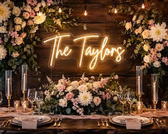 Personalized Wedding Neon Sign, Custom Reception Backdrop Battery Powered Last Name Light Table Stand