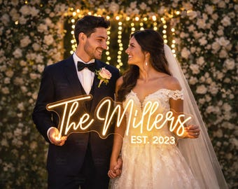 Custom Wedding Neon Sign For Reception Backdrop, Personalized Battery Powered Last Name Light Gift