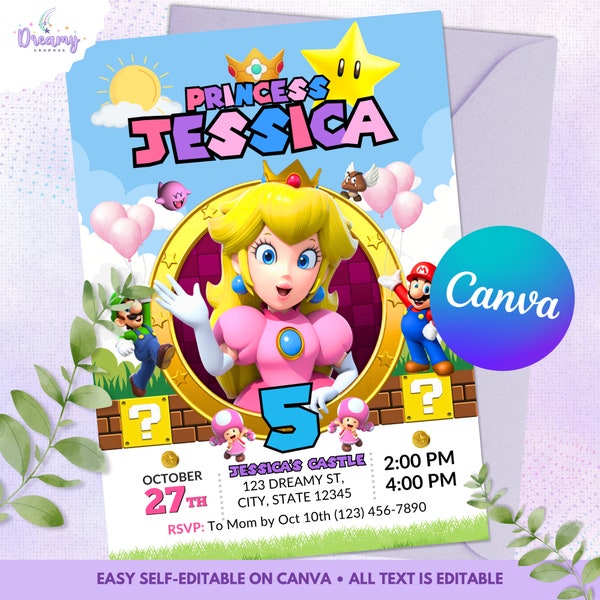 Tarjeta de invitación de cumpleaños de Super Mario Princess, Super Mario Bros, invitación de princesa Mario, plantilla digital de invitación de cumpleaños de princesa Peach