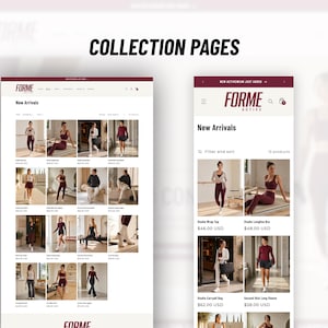 May include: A digital display of the FORME Active website collection pages, showing a grid layout of activewear products on both desktop and mobile views. The interface features the brand name FORME, New Arrivals headers, and product thumbnails.