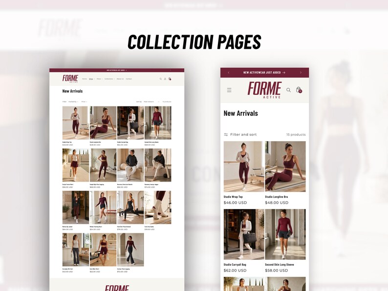 May include: A digital display of the FORME Active website collection pages, showing a grid layout of activewear products on both desktop and mobile views. The interface features the brand name FORME, New Arrivals headers, and product thumbnails.