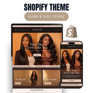 May include: A Shopify theme for a hair and wig store named Cocoa Luxe, displayed on a desktop monitor and a smartphone. The interface features dark brown and beige tones, showcasing images of individuals with long hair and text including Hair That Feels Like You.