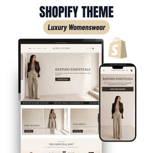 Puede incluir: Un tema de Shopify para ropa de lujo mostrado en un monitor de escritorio y un teléfono inteligente con el sitio web de Auren Studio. La interfaz muestra el texto Refined Essentials, Shop New Season, New Season, Tailoring y The Essential Edit.