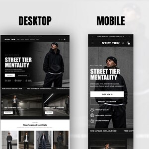 May include: A side-by-side comparison of a website interface displayed on desktop and mobile screens. The site features the brand name STRT TIER, bold white text reading STREET TIER MENTALITY, and imagery of a person in a black hoodie and beanie.
