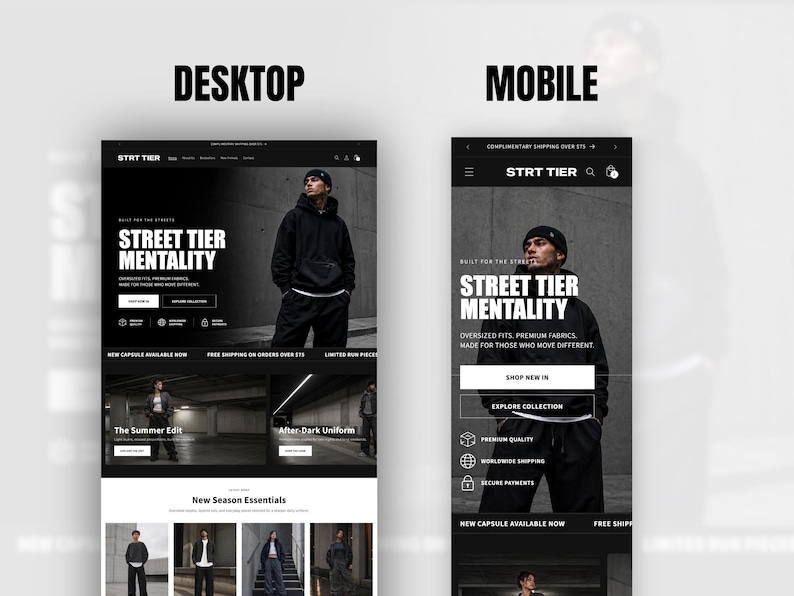 May include: A side-by-side comparison of a website interface displayed on desktop and mobile screens. The site features the brand name STRT TIER, bold white text reading STREET TIER MENTALITY, and imagery of a person in a black hoodie and beanie.