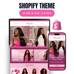 Puede incluir: Un tema de Shopify para una tienda de pelucas y cabello mostrado en un monitor de escritorio y un teléfono inteligente. El sitio web presenta la marca Blush Haus, esquemas de color rosa e imágenes de personas con cabello largo y oscuro.