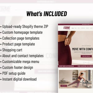 May include: A digital product listing for a Shopify theme titled FORME ACTIVE. The text lists included features: upload-ready ZIP, homepage, collection, product, about, and contact templates, shopping cart, mega menu, footer, and PDF guide.