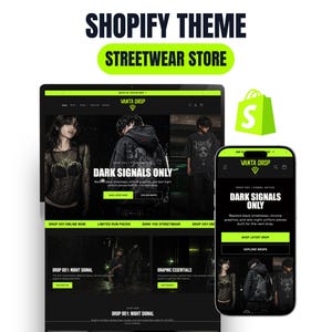 May include: A Shopify theme for a streetwear store displayed on a computer monitor and a smartphone. The interface features a black and neon green colour scheme with the text "VANTA DROP," "DARK SIGNALS ONLY," and "SHOP LATEST DROP" visible.