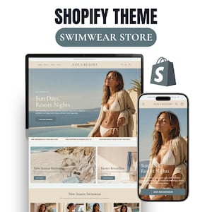 Peut inclure: Un thème Shopify pour une boutique de maillots de bain affiché sur un écran d'ordinateur et un smartphone. Le site présente le texte SOLA RESORT, Sun Days, Resort Nights, New Season Swimwear et Resort Bestsellers avec des images.