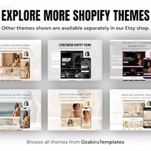 May include: A digital display featuring six distinct Shopify website templates labeled Boutique, Streetwear, Wig & Hair Extensions, Swimwear, Jewelry Store, and Skincare. Each template shows a desktop and mobile view with the Shopify logo icon.