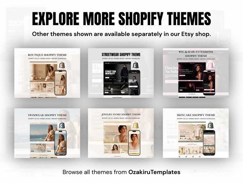 May include: A digital display featuring six distinct Shopify website templates labeled Boutique, Streetwear, Wig & Hair Extensions, Swimwear, Jewelry Store, and Skincare. Each template shows a desktop and mobile view with the Shopify logo icon.