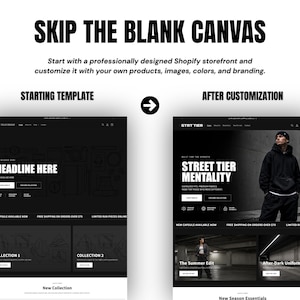 May include: A comparison graphic titled SKIP THE BLANK CANVAS showing a black and white Shopify website template on the left and a fully customized version with a person in a black hoodie and text reading STRT TIER MENTALITY on the right.