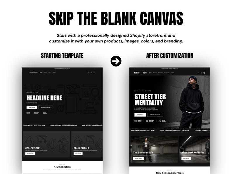 May include: A comparison graphic titled SKIP THE BLANK CANVAS showing a black and white Shopify website template on the left and a fully customized version with a person in a black hoodie and text reading STRT TIER MENTALITY on the right.