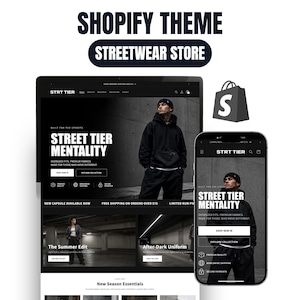 Può includere: Un tema Shopify per un negozio di streetwear visualizzato su un monitor desktop e sullo schermo di uno smartphone. Il sito web presenta una combinazione di colori bianco e nero con il testo "STREET TIER MENTALITY" e "BUILT FOR THE STREETS" visibile.