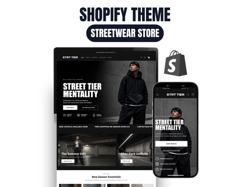 May include: A Shopify theme for a streetwear store displayed on a desktop monitor and a smartphone screen. The website features a black and white color scheme with the text "STREET TIER MENTALITY" and "BUILT FOR THE STREETS" visible on both screens.