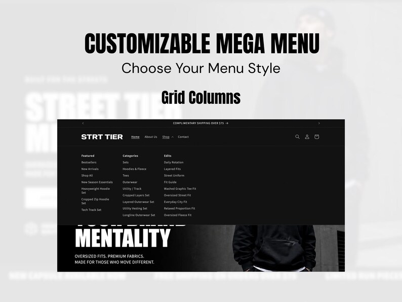 May include: A digital interface display showing a customizable mega menu with grid columns for a website named STRT TIER. The black navigation bar features text categories including Featured, Categories, and Edits with various sub-menu items.