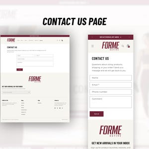May include: A digital display of the FORME ACTIVE contact us page shown in both desktop and mobile layouts. The interface features a maroon and white color scheme with input fields for name, email, phone number, and comments, plus a send button.