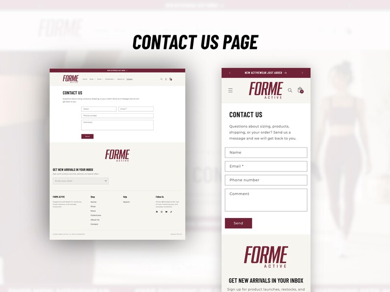 May include: A digital display of the FORME ACTIVE contact us page shown in both desktop and mobile layouts. The interface features a maroon and white color scheme with input fields for name, email, phone number, and comments, plus a send button.
