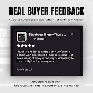 May include: A digital graphic displaying REAL BUYER FEEDBACK with a five-star review for a Streetwear Shopify Theme. The text reads: I bought the theme and it a very profesional design with one use of it i had got a couple of sales ine right away in one day of uploading to my shopify thank you very much. Signed by Rick on Jul 27.